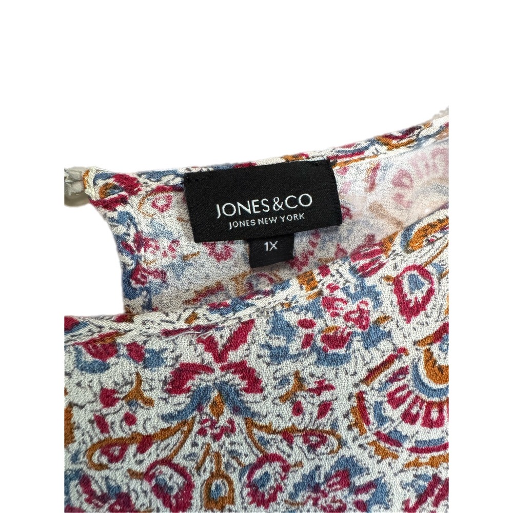 Jones & Co Blouse Women 1X Multi Color Excellent Paisley Tie Sleeve High Low - Picture 6 of 8